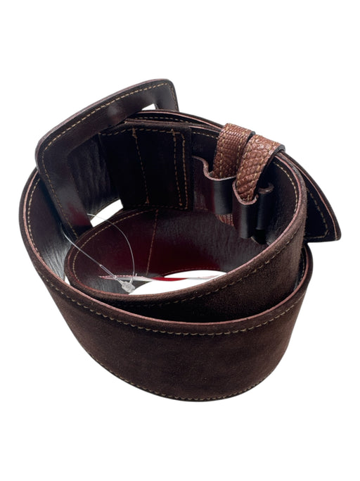 Bergdorf Goodman Brown Suede Square Buckle Snake Skin Details Wide Belts Brown / S