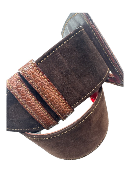 Bergdorf Goodman Brown Suede Square Buckle Snake Skin Details Wide Belts Brown / S