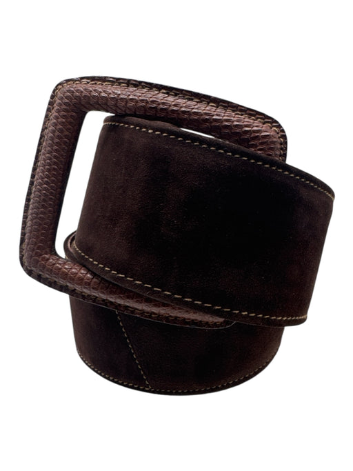 Bergdorf Goodman Brown Suede Square Buckle Snake Skin Details Wide Belts Brown / S