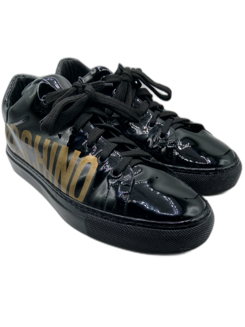 Moschino Shoe Size 39 Black & Gold Patent Leather Low Top lace up Sneakers Black & Gold / 39