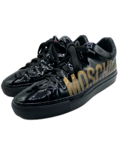 Moschino Shoe Size 39 Black & Gold Patent Leather Low Top lace up Sneakers Black & Gold / 39