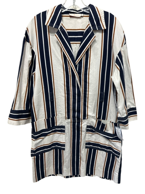 Tory Burch Size 6 Navy, Brown & Cream Cotton Long Sleeve Vertical Stripes Dress Navy, Brown & Cream / 6