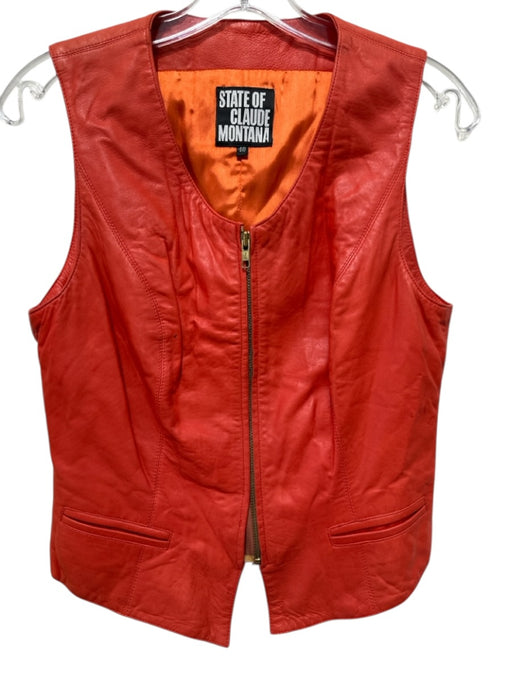 State Of Claud Montana Size 40/M Orange Leather Zip Up Darted Welt Pocket Vest Orange / 40/M