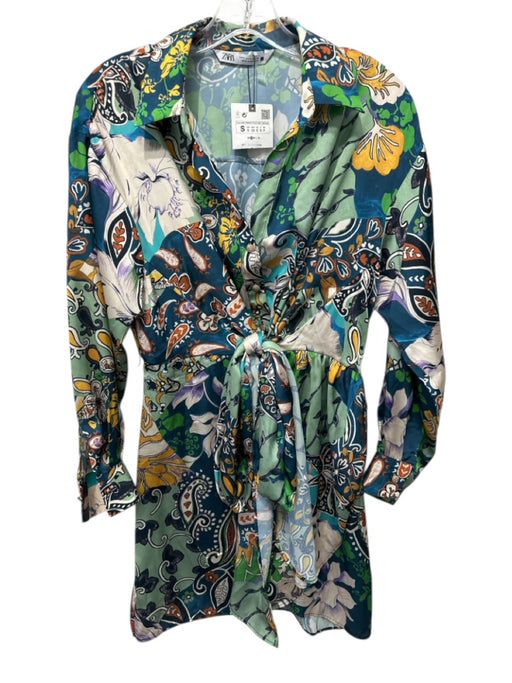 Zara Size S Green, Blue & Multi Polyester Long Sleeve Floral & Abstract Dress Green, Blue & Multi / S