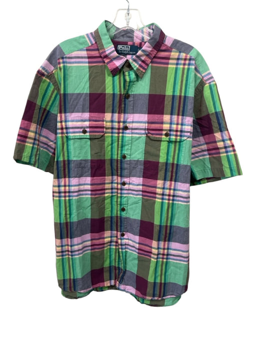 Polo Size XXL Green & Multi Cotton Solid Buttons Men's Short Sleeve Green & Multi / XXL