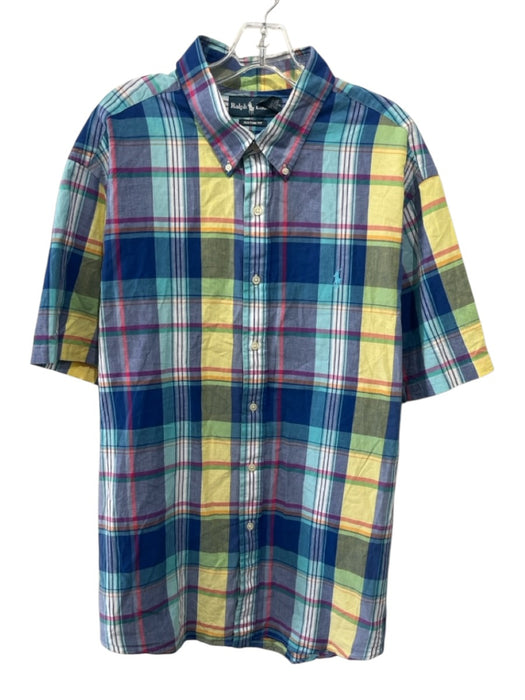 Polo Size XXL Blue & Multi Cotton Plaid Buttons Men's Short Sleeve Blue & Multi / XXL