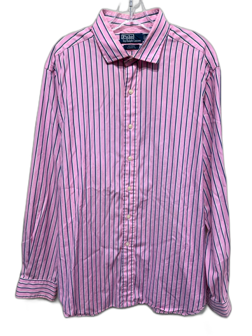 Polo Size 17.5 Pink & White Cotton Striped Button Up Men's Long Sleeve Shirt Pink & White / 17.5