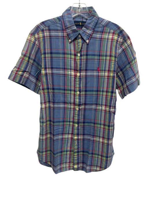 Polo Size M Blue & Multi Cotton Plaid Buttons Men's Short Sleeve Blue & Multi / M