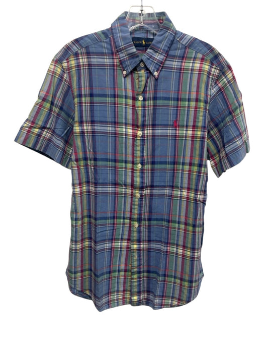 Polo Size M Blue & Multi Cotton Plaid Buttons Men's Short Sleeve Blue & Multi / M