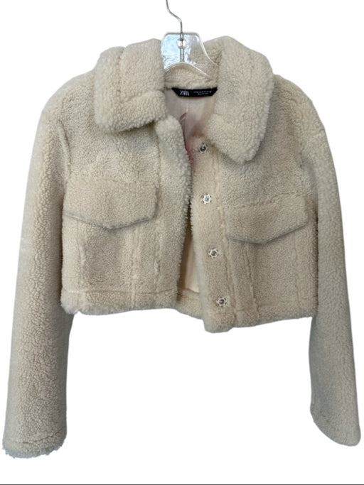 Zara Size XS Cream Faux Shearling Long Sleeve Snap buttons Cropped Jacket Cream / XS