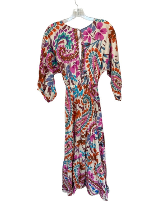 Zara Size XS Multi Cotton Long Balloon Sleeve Botanical Back Tie Maxi Dress Multi / XS