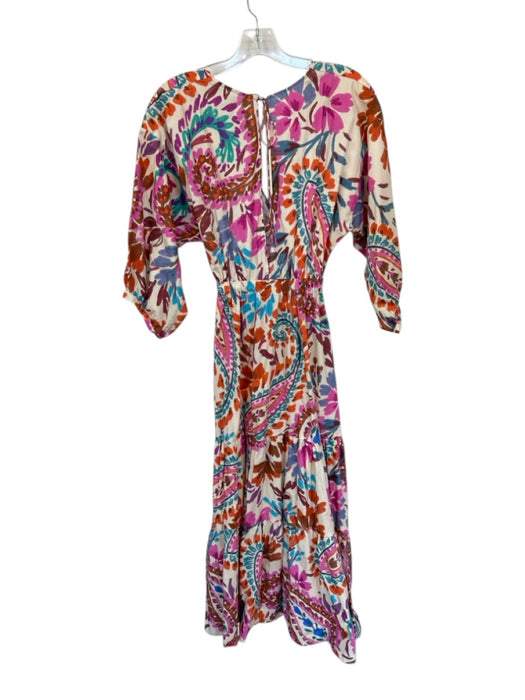 Zara Size XS Multi Cotton Long Balloon Sleeve Botanical Back Tie Maxi Dress Multi / XS