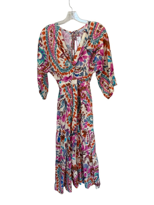 Zara Size XS Multi Cotton Long Balloon Sleeve Botanical Back Tie Maxi Dress Multi / XS