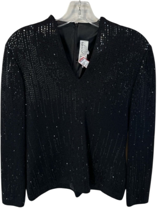 St. John Evening Size 2 Black & Silver Wool Blend Long Sleeve Sequins V Neck Top Black & Silver / 2