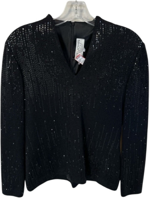 St. John Evening Size 2 Black & Silver Wool Blend Long Sleeve Sequins V Neck Top Black & Silver / 2