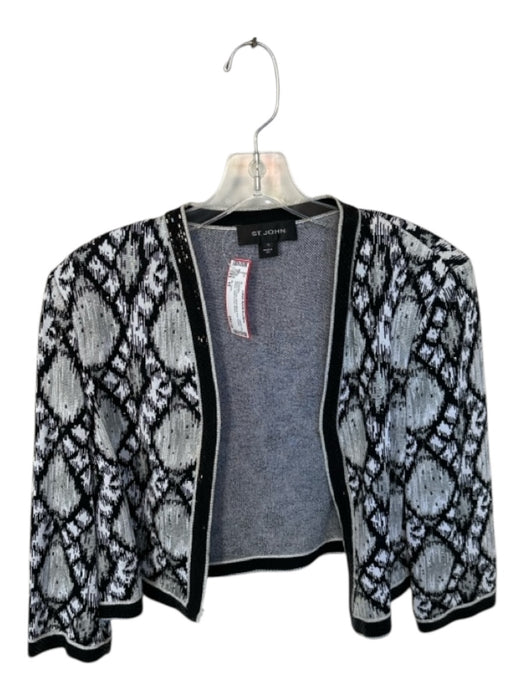 St. John Size 10 Black & Gray Wool Blend Ikat Seqiun Stripe Hook & Eye Sweater Black & Gray / 10