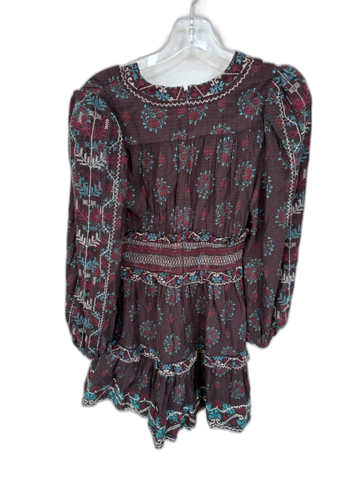 Sea New York Size 2 Brown & Blue Cotton Long Balloon Sleeve Cross Stitch Dress Brown & Blue / 2