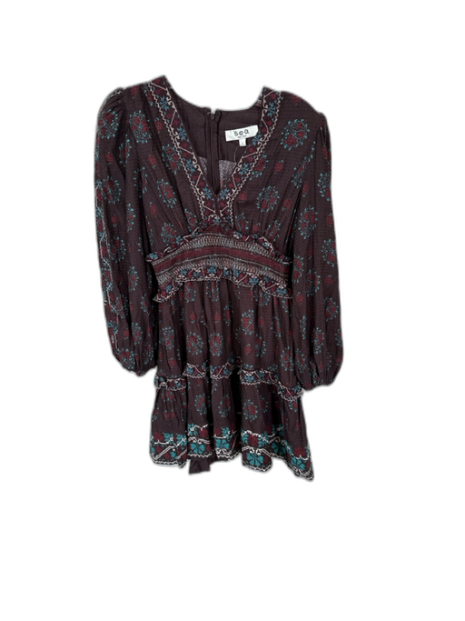 Sea New York Size 2 Brown & Blue Cotton Long Balloon Sleeve Cross Stitch Dress Brown & Blue / 2