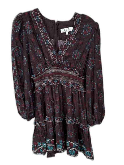 Sea New York Size 2 Brown & Blue Cotton Long Balloon Sleeve Cross Stitch Dress Brown & Blue / 2