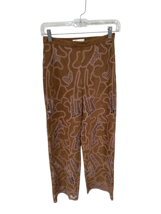 Zara Size S Brown & Pink Vegan Suede Embroidered Cut Outs Wide Leg Pants Brown & Pink / S