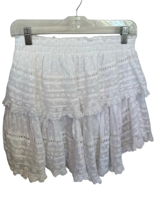 Love Shack Fancy Size M White Cotton Lace Elastic Waist Tiered Mini Skirt White / M