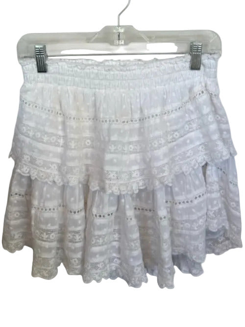 Love Shack Fancy Size M White Cotton Lace Elastic Waist Tiered Mini Skirt White / M