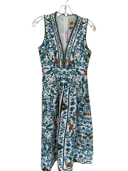 Farm Rio Size S Blue & Green Linen Sleeveless Botanical Hem Detail V Neck Dress Blue & Green / S