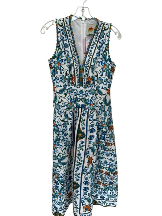 Farm Rio Size S Blue & Green Linen Sleeveless Botanical Hem Detail V Neck Dress Blue & Green / S