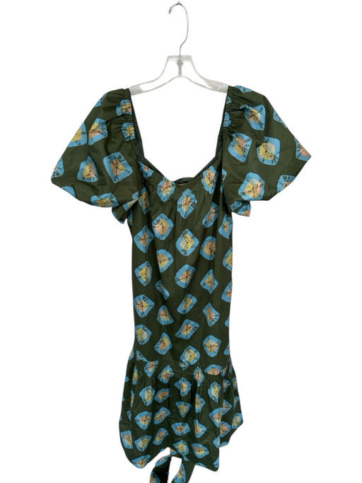 Tuckernuck Size S Green & Blue Cotton Blend Short Balloon Sleeve Print Dress Green & Blue / S