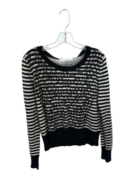 Thakoon Size L Black & Light Gray Wool & Cotton Stripe Cheetah Crew Sweater Black & Light Gray / L