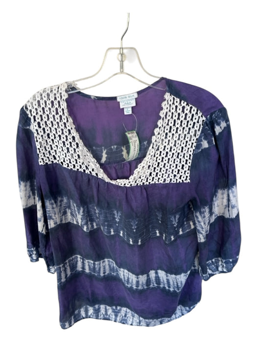 Calypso Size L Purple & White Silk 3/4 Sleeve Tie Dye Lace Detail Top Purple & White / L