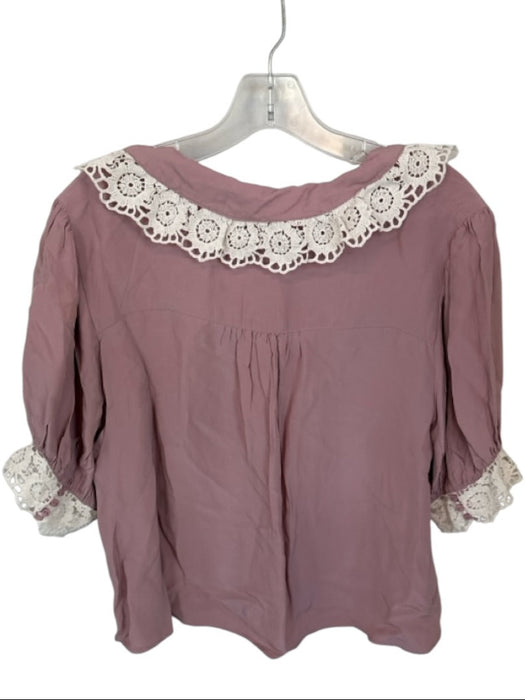 Free People Size L Mauve & White Rayon Short Balloon Sleeve Lace Collar Top Mauve & White / L