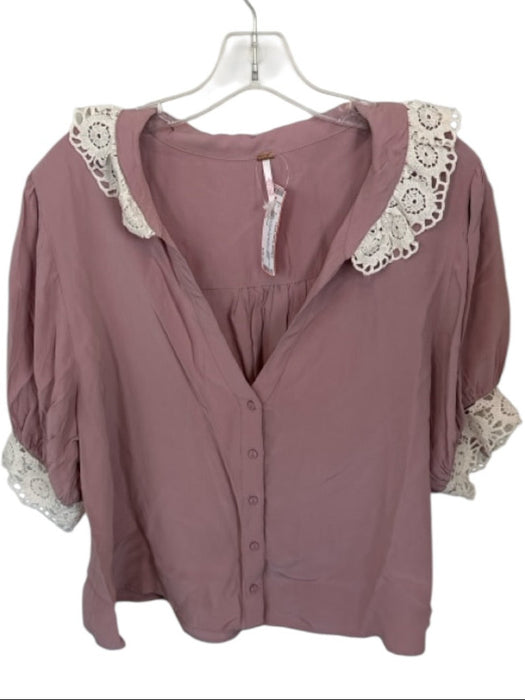 Free People Size L Mauve & White Rayon Short Balloon Sleeve Lace Collar Top Mauve & White / L