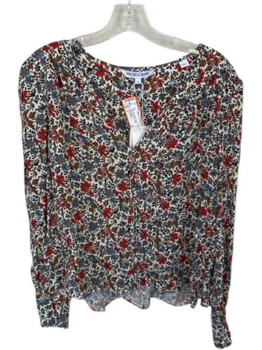 Veronica Beard Size 8 Red & Blue Viscose Long Sleeve Botanical Buttons Top Red & Blue / 8