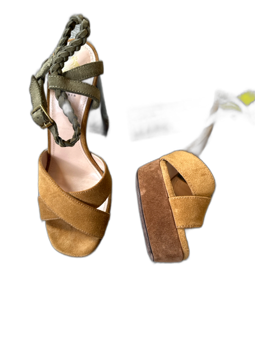 Lanvin Shoe Size 38 Green & Taupe Suede Wood Heel Open Toe Braided Accent Heels Green & Taupe / 38