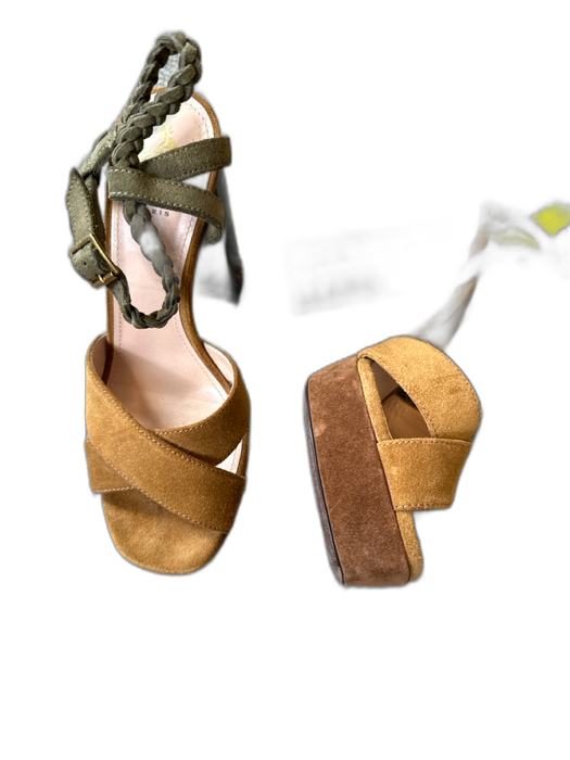 Lanvin Shoe Size 38 Green & Taupe Suede Wood Heel Open Toe Braided Accent Heels Green & Taupe / 38