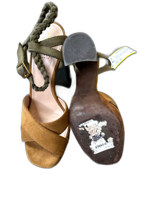 Lanvin Shoe Size 38 Green & Taupe Suede Wood Heel Open Toe Braided Accent Heels Green & Taupe / 38