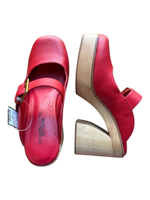 Charlotte Stone Shoe Size 8 Red & Tan Leather Wood Platform Buckle Mules Red & Tan / 8