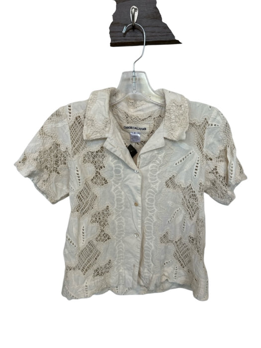 Caron Callahan Size S Cream Cotton Lace Detail Short Sleeve Button Down Top Cream / S