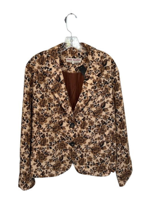 Free People Size 4 Tan & Brown Polyester Long Sleeve Flowers One Button Jacket Tan & Brown / 4