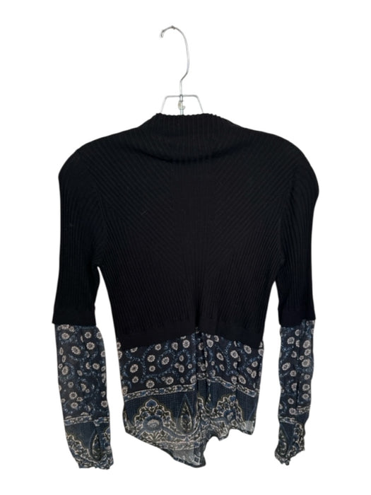 Veronica Beard Size S Black & Blue Viscose Blend Long Sleeve Ribbed Flowers Top Black & Blue / S