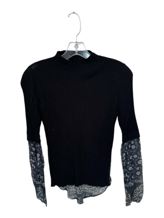 Veronica Beard Size S Black & Blue Viscose Blend Long Sleeve Ribbed Flowers Top Black & Blue / S