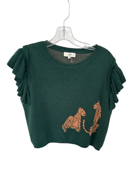 Entro Size L Green Cotton Ruffle Sleeves Cheetah Knit short sleeve Top Green / L