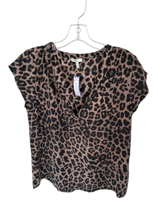 Joie Size L Black & Amber Silk Cheetah V Neck Short Sleeve Top Black & Amber / L