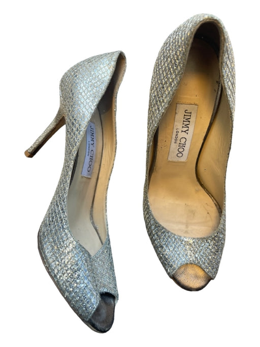 Jimmy Choo Shoe Size 38 Silver Glitter Peep Toe Stiletto Pumps Silver / 38
