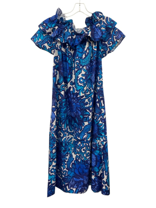 La Double J Size S Blue & White Print Cotton Floral Abstract Off Shoulder Dress Blue & White Print / S