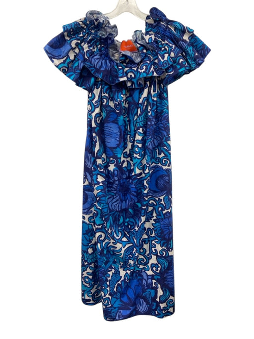 La Double J Size S Blue & White Print Cotton Floral Abstract Off Shoulder Dress Blue & White Print / S