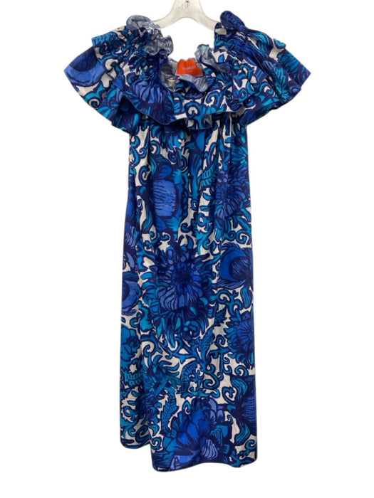 La Double J Size S Blue & White Print Cotton Floral Abstract Off Shoulder Dress Blue & White Print / S