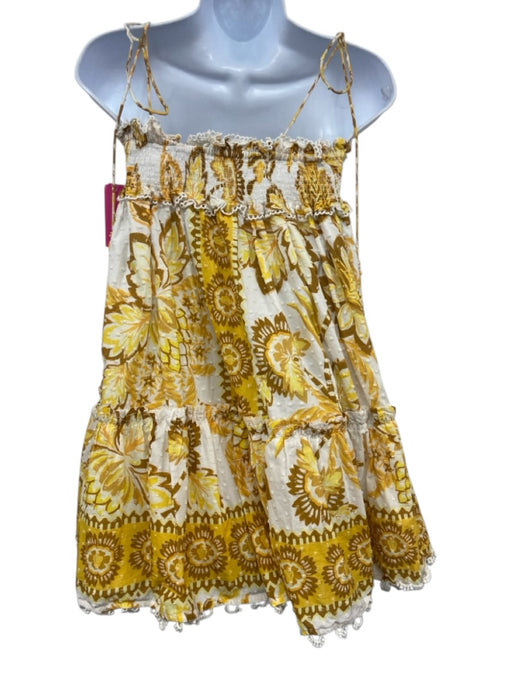 Farm Rio Size M Yellow & White Print Cotton Floral Abstract Swiss Dot Dress Yellow & White Print / M
