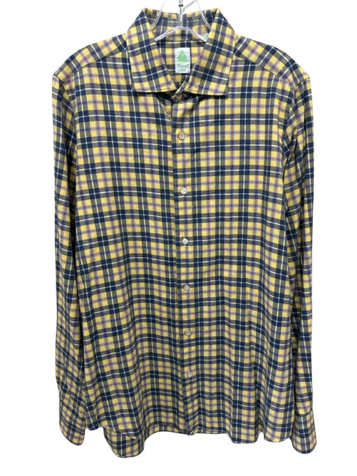 Finamore Napoli Size M Yellow & Blue Cotton Blend Plaid Men's Long Sleeve Shirt Yellow & Blue / M